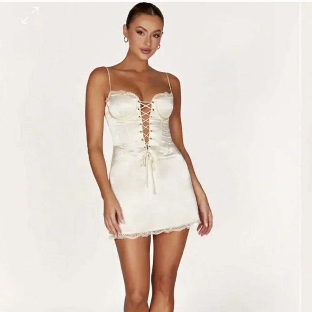 Meshki Ivory Lace-Up Satin Mini Dress